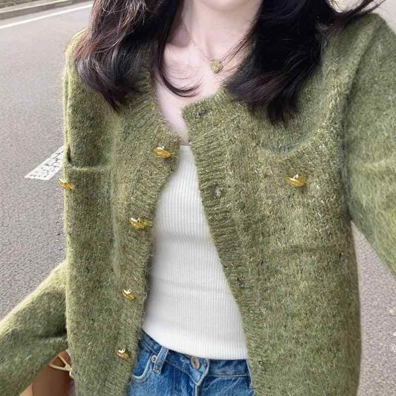 カーディガン レディース ニット 緑色 丸首 小香風 秋冬 慵懶風 ショート丈 ボタン...