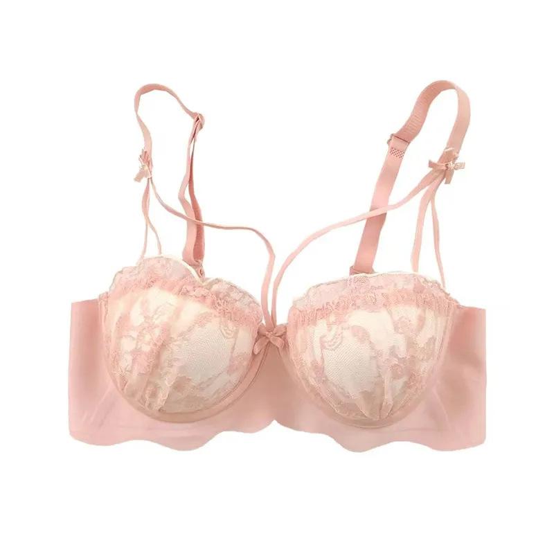 Bras Only - ブラ レディース 無鋼ブラジャー 3/4カップ 薄手カップ 固定肩紐 後ろホック 聚拢 上托 副乳収集 防下垂 透気性 快適 ナイロン素材 ピンク ブルー ブラック 香槟白 シンプル 自然 春夏 かわいい セクシー 少女向け
