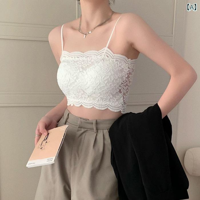 レディース 抹胸 吊り帯 背心 インナー トップス レース デザイン ニット 素材 透気性 快適 美背 防透け ショート丈 外穿 レイヤード ピンク系 ブラック アイボリー カーキ ホワイト 薄型 カップ 全カップ セクシー スタイル 夏 春夏 青年向け 2