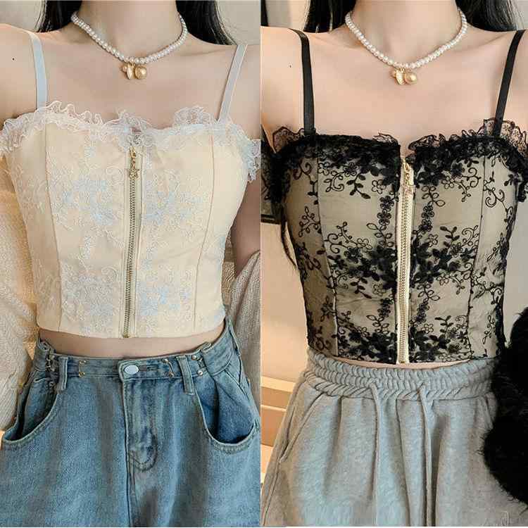キャミソール 女性用 レース フラワー ジップ 無袖 トップス インナー 夏用 外穿 胸パッド 付き かわいい スタイル 無痕 美背 デザイン..