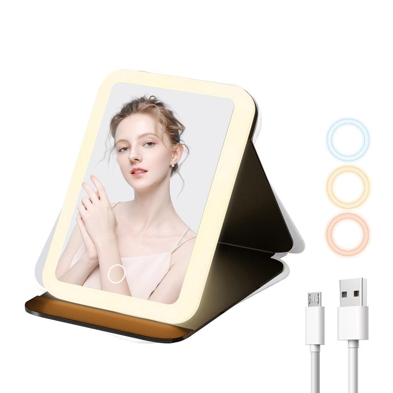 ポクミル LED化粧鏡 3光色切替 卓上ミラー ライト付き 手鏡 タッチパネル操作 1200mAh USB充電式 女優ミラー 持ち運び 折りたたみ スタンド 明るさ調節可能 角度調整 寝室 旅行用