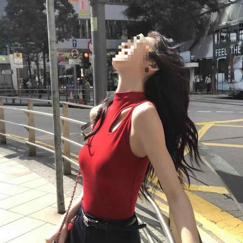 繫肩帶 - キャミソール 女性用 吊り下げ 半高めネック 無袖 トップス 綿素材 修身シルエット 純色 デザイン性 都市スタイル 気質通勤 肩Y型 酒赤 白 黒 胸パッド付き 接触冷感 軽量 伸縮性 夏 春夏