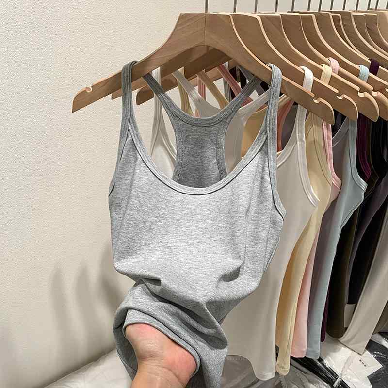 Camisoles - キャミソール トップス レディース 無袖 胸パッド付き 修身 気質 通勤風 春夏 切り替え 接触冷感 アクセリーフィット 綿混 再生繊維 白 ピンク イエロー ライトブルー ライトグレー アーミーグリーン パープル ネイビー ブラック ダークグレー