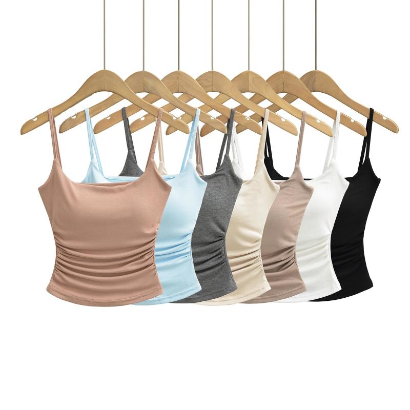 Camisoles - キャミソール レディース フレンチスタイル ウエスト プリーツ 砂時計型 胸強調 大型 吊り下げ 背心 女性用 胸パッド付き インナー ボディフィット 打底シャツ 夏 接触冷感 綿混紡 ポリエステル 微弾性 修身 短丈 純色 セクシー ピンク系 ブラック