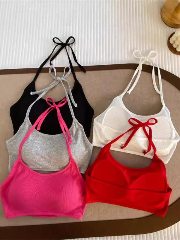 Camisoles - レディース トップス 春夏 ハルネック バンデュー キャミソール セクシー かわいい ショート丈 胸パッド クロップド ピンク系 ホワイト ブラック グレー レッド 純色 スリムフィット マイクロストレッチ バンデージ デザイン ビーチ リゾート プライ