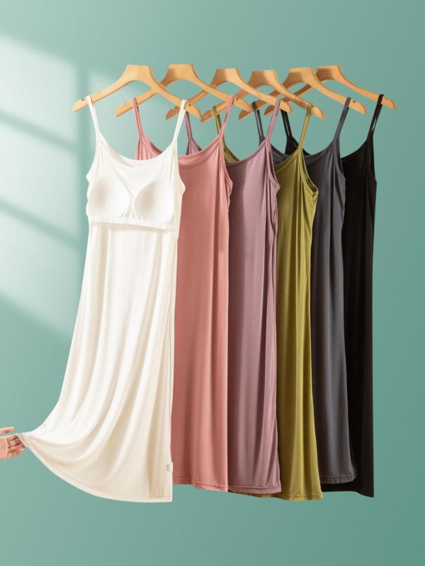 Camisoles - レディース 吊り紐 キャミソール トップス モダール 素材 切り替え デザイン 胸パッド 付き インナー 長め 丈 ワンピース スカート 寝間着 ルームウェア ブラック ピンク系 パープル系 グリーン系 グレー系 ホワイト カラーバリエーション 伸縮性
