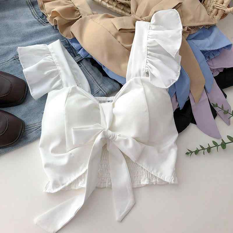 キャミソール 女性用 かわいい デザイン フリル 肩紐 胸パッド付き スリム ショート丈 ポリエステル 混紡 微弾性 セクシー バレット風 蝶結び プリント ブラック グリーン アイボリー ピンク ホワイト 夏 バカンス トップス レイヤード 軽量 吸湿