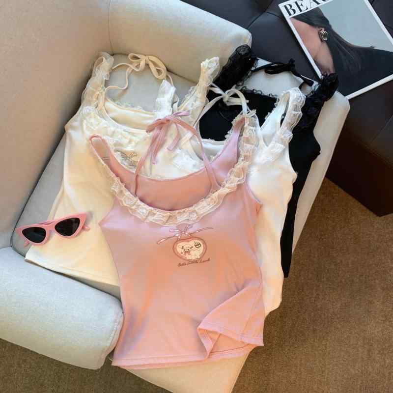 トップス 女性用 ハンギングネック キャミソール レース フリル 花柄 インナー ブラパッド ショート丈 中弾性 粘り気のある素材 動物プリント 私服 かわいい ブラック ホワイト ベージュ ピンク 接触冷感 軽量 通勤 普段使い 春夏