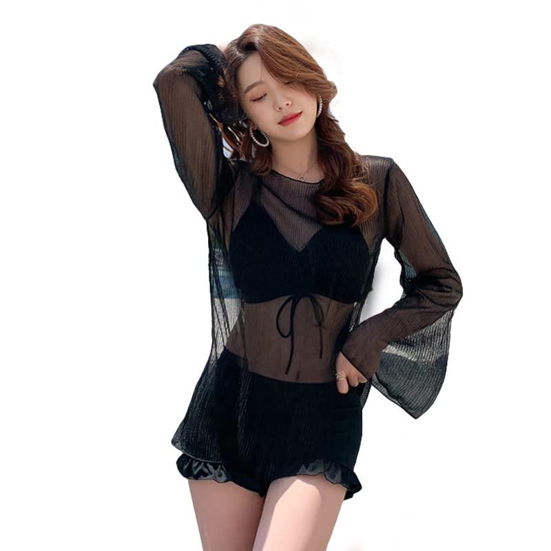 WJ-SISI 体型カバー水着 レディース ビキニ Vネック UVカット ショートパンツ 3点セット オトナ女子 大人 ママ かわいい フリル お尻 盛れる おしゃれ ブルー ブラック 露出控えめ SISI113