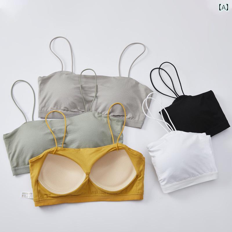 樂天商城 - タンクトップ インナー 女性用 吊り下げ式 夏用 薄手 ベースレイヤー 防透け ブラ一体 背心 ブラパッド付き 接触冷感 再生繊維 ブラック ホワイト イエロー グリーン グレー 一字領 百搭スタイル 通年用 軽量 伸縮性 吸湿速乾