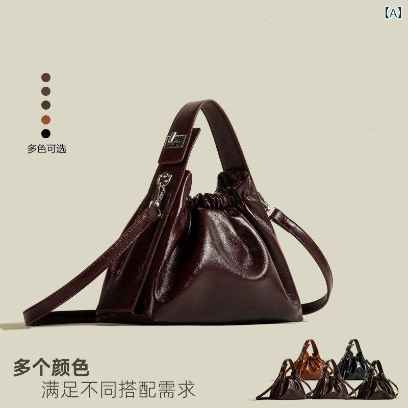 レディース ハンドバッグ 小方包 手提 肩掛け シングルショルダー 中型 プチバッグ 油ワックスレザー PU素材 ステレオポケット 磁気留め具 中硬度 コットン裏地 ダンメ型 バイカラー 切り替え 秋冬 日常使い かわいい 洋気 シワ加工 高級感 ワイン