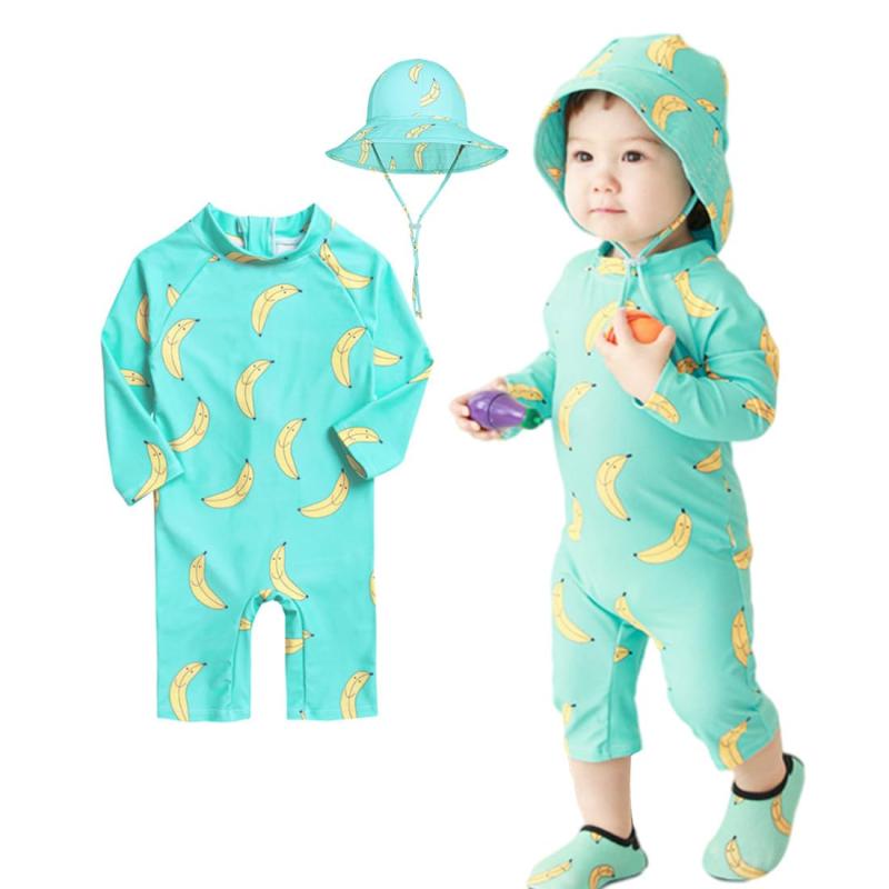 [asayurii] ベビー 水着 男の子 女の子 ラッシュガード 赤ちゃん 長袖 スイムウエア オールインワン 紫外線防止 UPF50+ UVカット 帽子付き 水遊び 海 プール 温泉 保育園