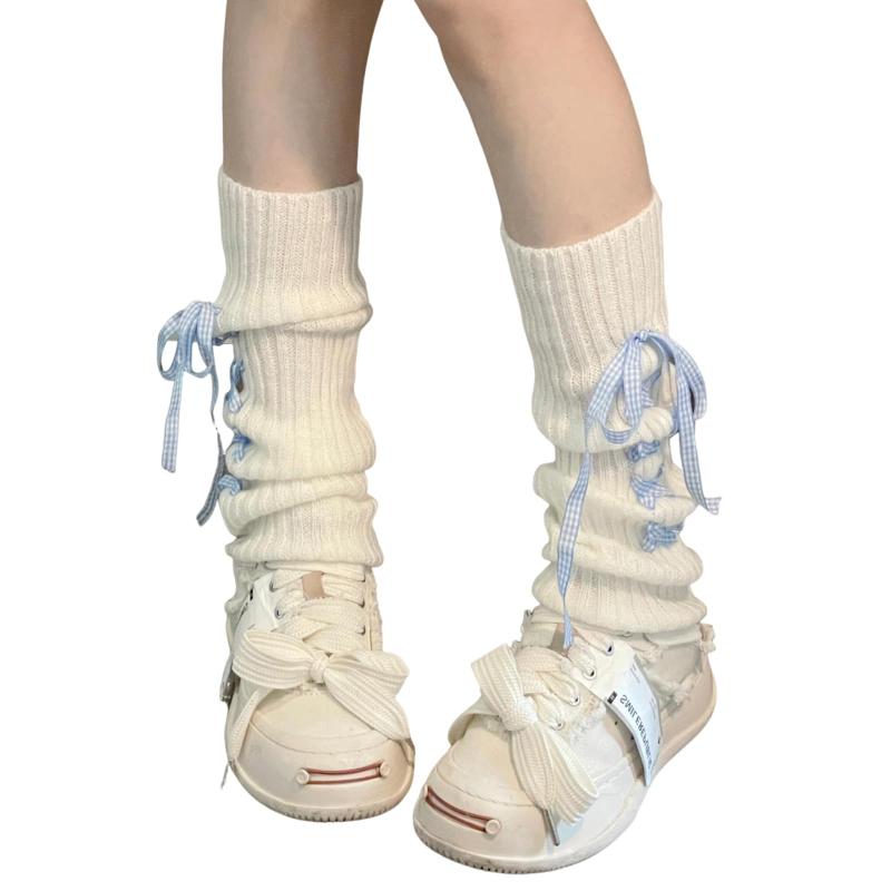 [Lamerry] 天使界隈 レッグウォーマー リボン 水色 界隈 サブカル 量産型 原宿系 地雷系 Y2K レッグカバー ルーズ ソックス 病みかわ レディース 白