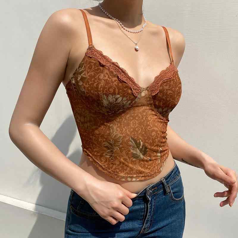レディース 吊り紐 キャミソール メープルリーフ プリント セクシー デザイン 修身シルエット 超短丈 トップス 3D 立体柄 春夏 ファッション 私服 インナー 外出着 肩紐 不可拆卸 胸パッド 付き 中弾力 ポリエステル 素材 深棕色 ブラウン系 女