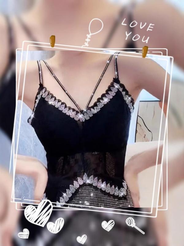 春夏 レディース 吊り帯 トップス セクシー レース 水晶装飾 美背 胸パッド 不規則 短丈 ブラック 修身 軽量 伸縮性 ニット ポリエステル ナイロン スパンデックス 甘め 爽やか 普段使い インナー