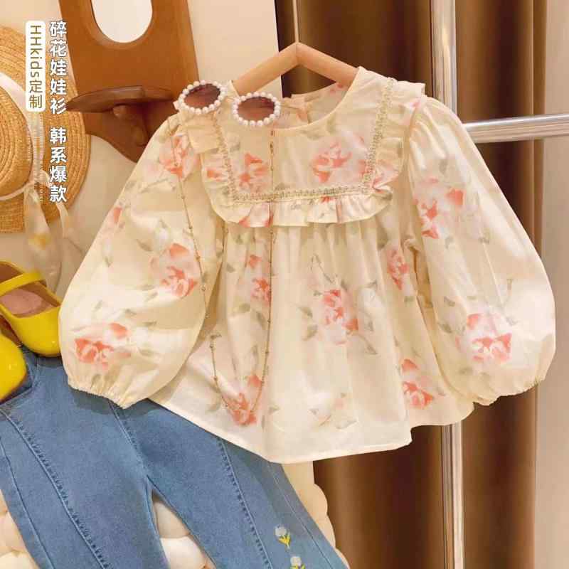女児用 トップス 女の子 春夏 長袖 花柄 フリル ラウンドネック コットン 柔らか素材 かわいい 洋服 春秋 印花 3-8歳 90-140cm 普段使い 軽量 伸縮性 通園着 部屋着