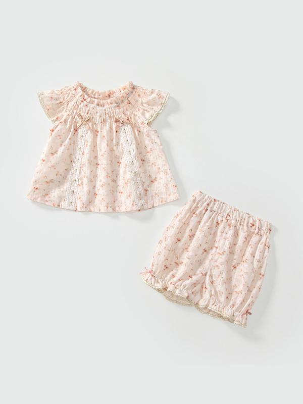 キッズ 女の子 春夏 2点セット トップス 無袖 シャツ かわいい 花柄 蝶結び 短パン セット 薄手 綿混 ポリエステル 柔らかい 素材 動物..