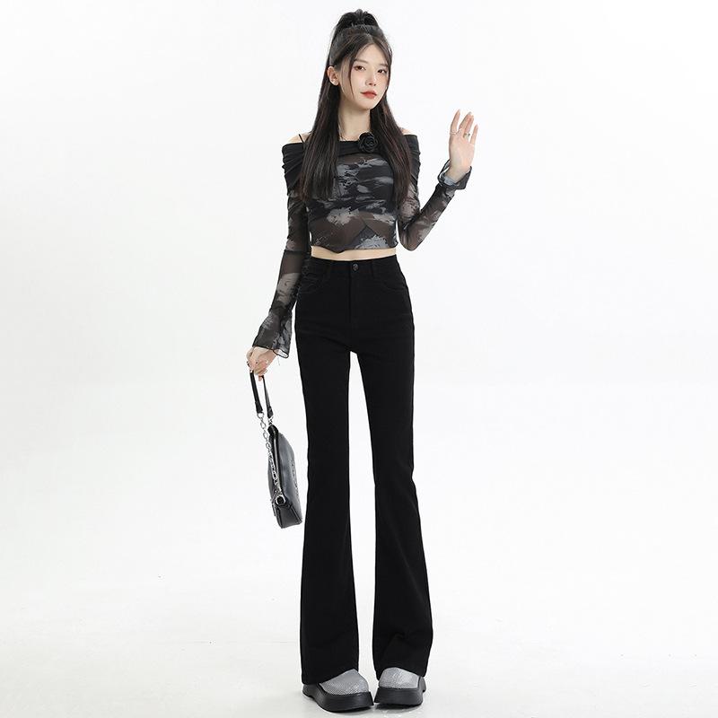 秋冬 女性用 デニムパンツ ブラック 高腰 微喇型 長ズボン 厚手 コットン ポリエステル 高弾力 修身 スリム フレア ハイウエスト 伸縮性 暖か 普段使い 通勤 軽量 接触冷感 ピッタリフィット かわいい プリンセス フレッシュ スイート セクシー