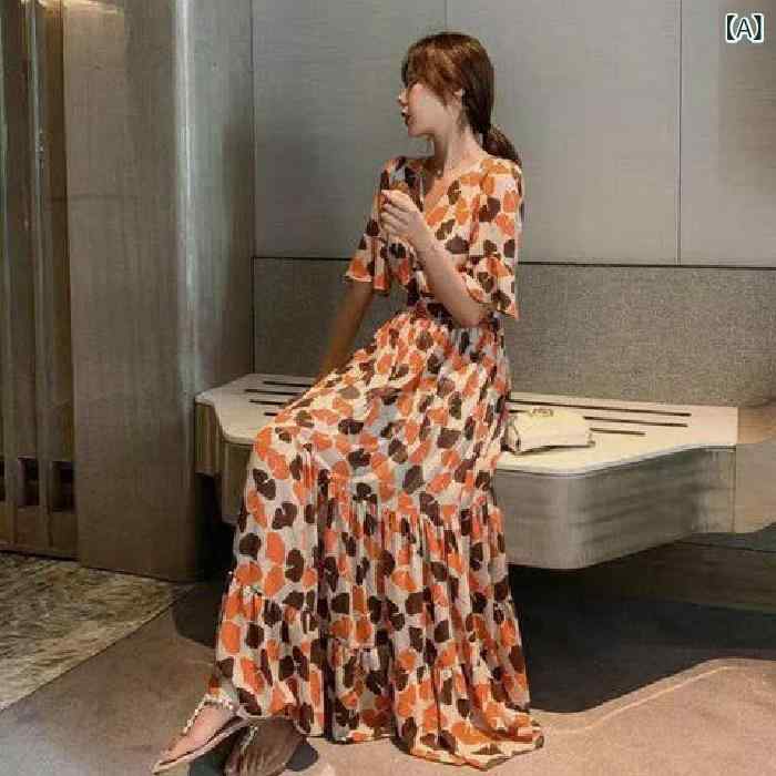 ワンピース レディース 春夏 フレア袖 ロングドレス Vネック ハイウエスト フラワー柄 ポリエステル 接触冷感 軽量 吸湿速乾 通勤用 普段使い デート 旅行 気質 優雅 シンプル プリント フリル ウエストシェイプ ゆったりシルエット かわいい 女性