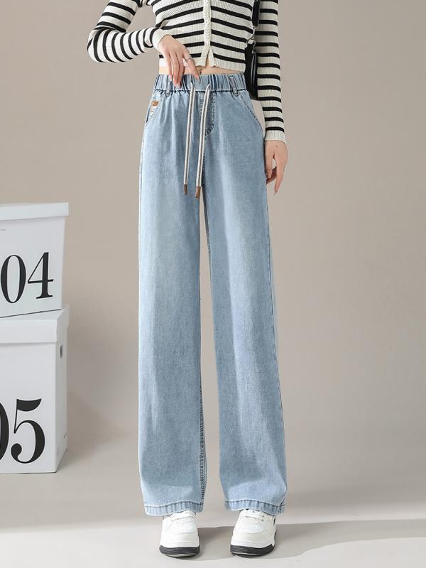 レディース デニムパンツ ハイウエスト ストレート ワイドレッグ 秋冬 綿 ポリエステル ストレッチ ゆったり スリム効果 ロング丈 ライトブルー 通勤 普段使い 快適 気質 ゆったりシルエット 高級感 吸湿速乾