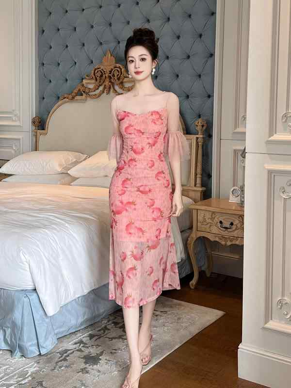 乐天商城 - ワンピース 女性用 春夏 ピンク 印花 網纱 切り替え ラッパ袖 5分袖 修身 ハイウエスト 包臀 中長丈 接触冷感 ポリエステル スパンデックス セクシー フレンチスタイル エレガント 気質 私服 単品 ファスナー 丸首 ライトウェイト 伸縮性 吸湿速