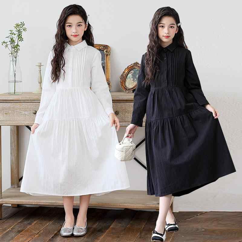 Dresses - 女児 ワンピース プリンセス スカート 百褶 ロングスリーブ ゆったり 綿 素材 柔らかい 格子柄 かわいい 春秋 基本款 チェック 柄 キッズ 女の子 トップス スカート 組み合わせ 通学 普段使い 軽量 伸縮性 ブラック ホワイト