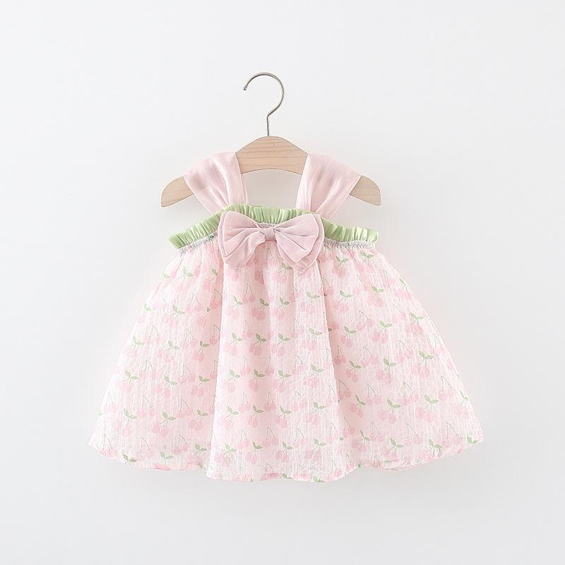 キッズ 女の子 ワンピース 春夏 1-3歳用 綿素材 吊り紐 チュールスカート プリンセスライン かわいい 桜柄 蝶結び プリント 黄色 ピンク系 柔らかい 軽量 通気性 普段使い カジュアル キッズファッション