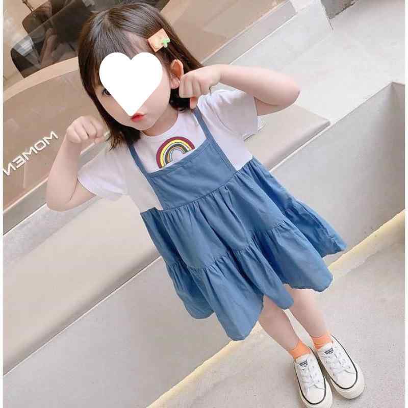 Rakuten - キッズ 女の子 ワンピース 夏 かわいい プリンセス スカート 綿 接触冷感 短袖 偽ツーピース デザイン 中長丈 ゆったり シルエット カード 柄 虹色 ミッキー 柄 紫外線 防護 機能 100 〜 140cm 対応