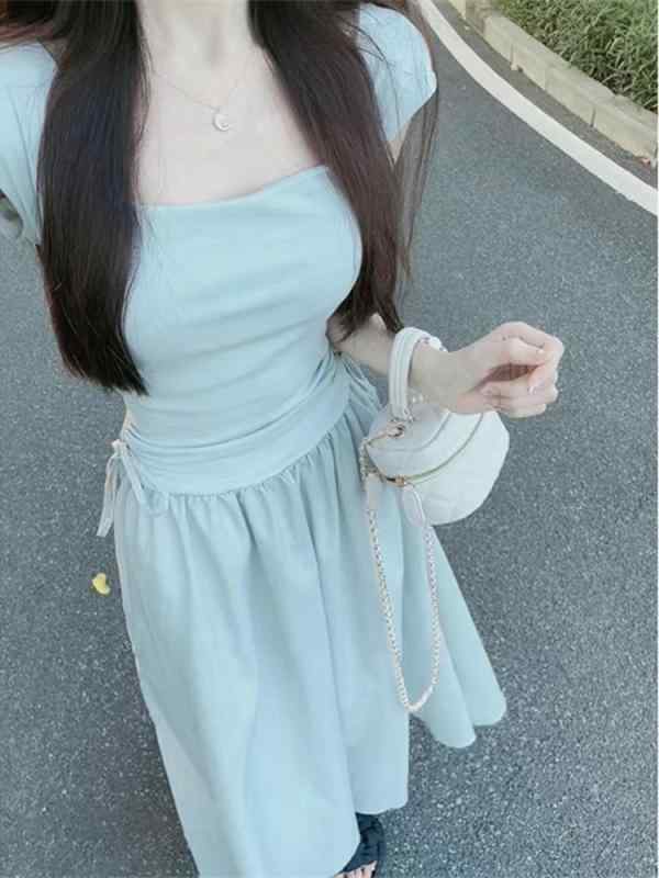 其它 - ワンピース 女性用 春夏 ライトブルー ホワイト 方領 吊り下げ 切り替え デザイン 中丈 七分袖 プリンセス袖 収腰 スリム ミッド スカート 復古風 中国風 TR素材 PVC混紡 ライトウェイト 伸縮性 日常着 通勤用 アウトドア