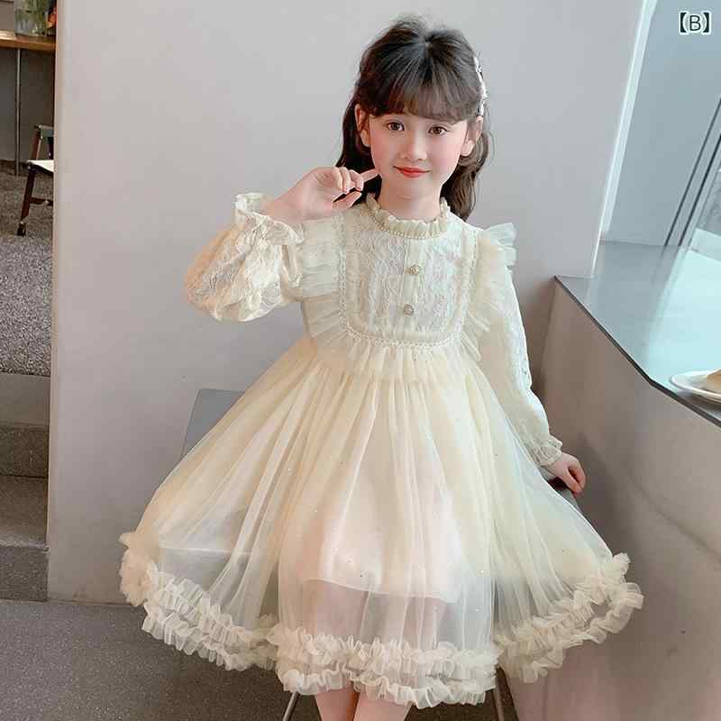女児 ワンピース 長袖 春夏 秋冬 女の子 ロリータ風 プリンセス スカート かわいい 綿混紡 ポリエステル 柔らかい ピンク 杏色 100cm 110cm 120cm 130cm 140cm 150cm 160cm ミドルキッズ ビッグキッズ 通学 遊