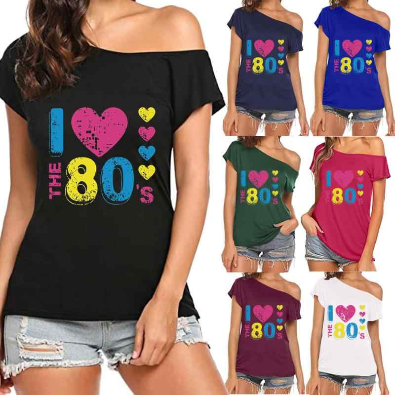 Tシャツ 女性用 80s風 斜めVネック 肩出し セクシー 不規則 短袖 トップス 修身シルエット 普通丈 斜肩袖 アシンメトリー 超細繊維 牛乳タンパク質 再生繊維 アニマルプリント 字母数字柄 セットイン グラム毛加工 セットアップ 快適 ゆったり