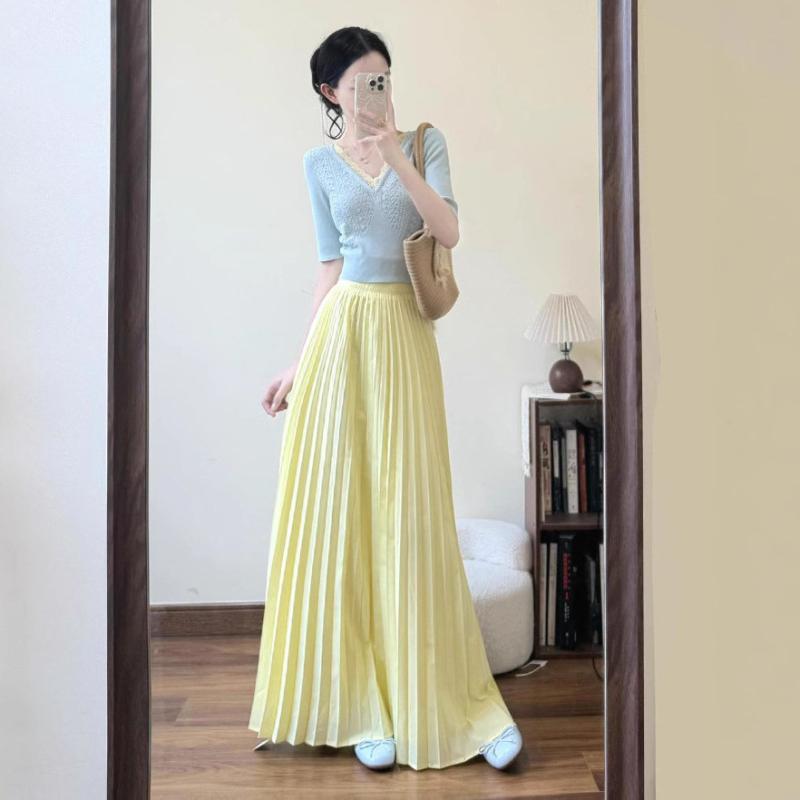 レディース トップス 半身長スカート セット 夏 通勤 かわいい 気質 気質風 韓系 独特 絶美 ドーパミン コットン 切り替え プリーツ ブルー 接触冷感 軽量 伸縮性 吸湿速乾 ハイウエスト ビッグシルエット Vネック 春夏 秋 部屋着 アウトドア