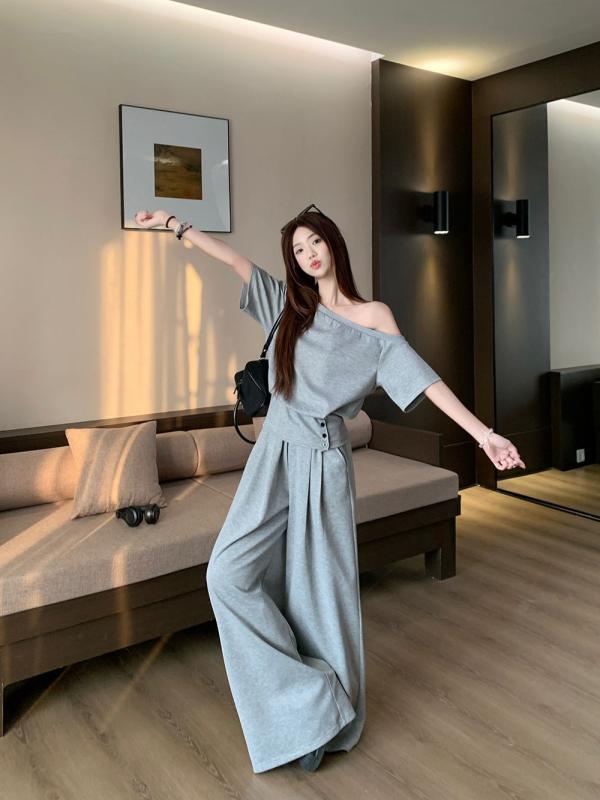 Three-Piece Set - レディース 春夏 韓国風 斜めVネック 肩出し ウエスト切り替え 短袖 トップス ロングパンツ セット 純色 ボタン プリーツ ポケット デザイン ポリエステル ゆったりシルエット 快適 軽量 吸湿速乾 日常使い カジュアル スタイル