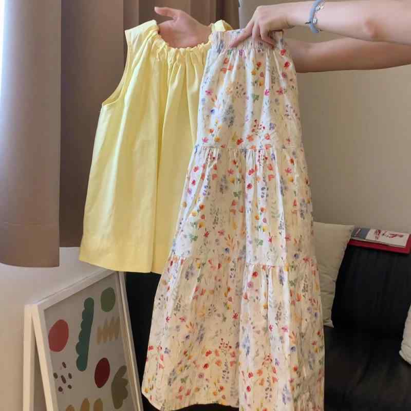 レディース 背心 半身スカート セット 春夏 黄色 プリント 切り替え プリンセススリーブ 無袖 シルク加工 コットン混 軽量 通勤 普段使い かわいい フェミニン スタイル ハイウエスト フレア スカート トップス コーデ