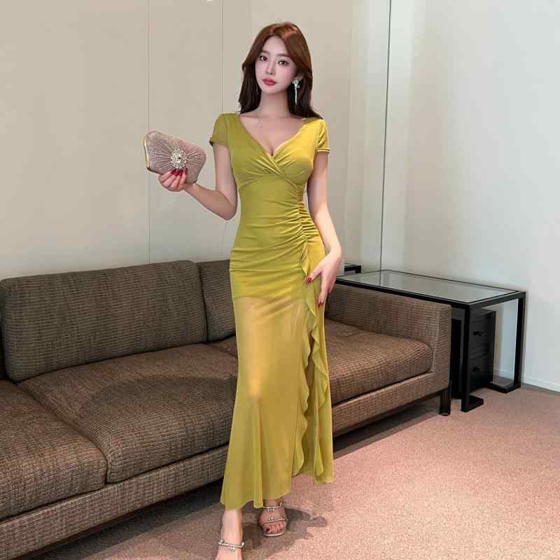 원피스 여성 V 넥 짧은 소매 포장 수신 개방 중장 길이 블랙 밀리터리 그린 퍼플 폴리 에스테르 재생 섬유 신축성 통근용 평상시 사용 기질 세련된 실루엣 섹시 봄 여름 경량 흡습 속건 하이 웨스트 프렌치 스타일 여성용