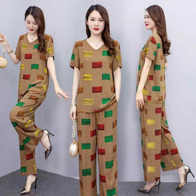 レディース トップス セット 夏 春夏 ミドルエイジ ゆったり 半袖 接触冷感 トップス クロップドパンツ セット 幾何学柄 プリント ポケット 付き クロップドパンツ 通勤 スタイル 気質 スタイル 優雅 スタイル コットン シルク 調 ポリエステル