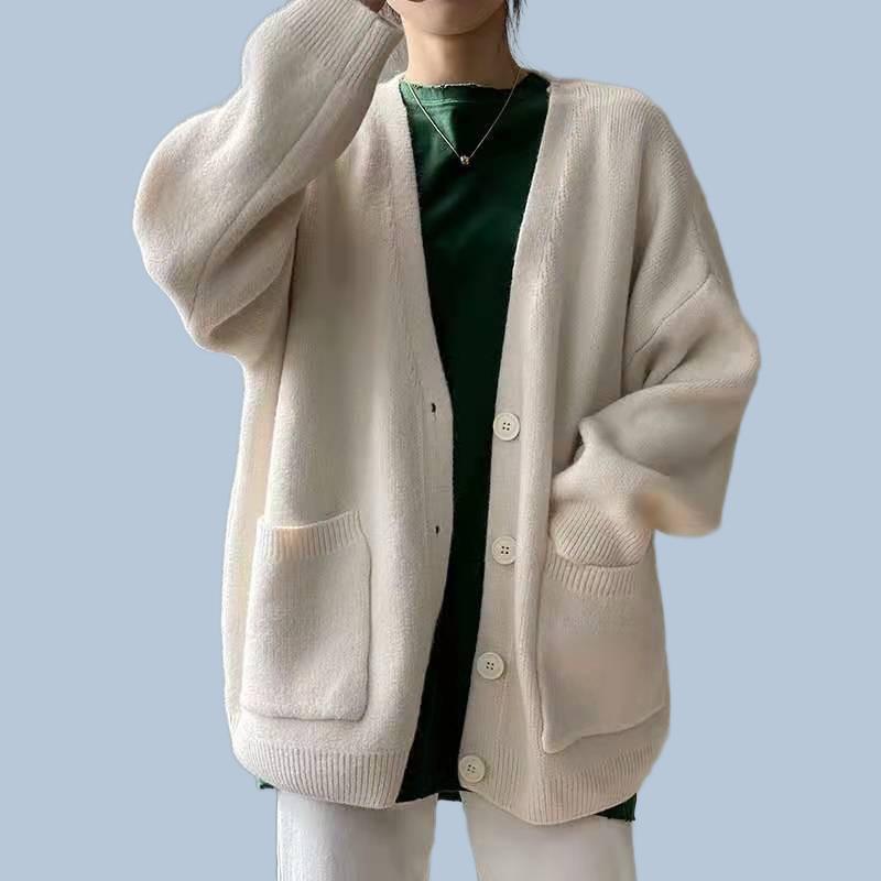Other - カーディガン 女性用 春秋 ニット 開衫 ロングスリーブ Vネック ワイドシルエット ゆったり 柔軟 切り替え 単色 気質 通勤 快適 レジャー コットン混 綿 再生繊維 腈纶 伸縮性 ブラック ホワイト グレー イエロー レッド パープル ブルー ピン