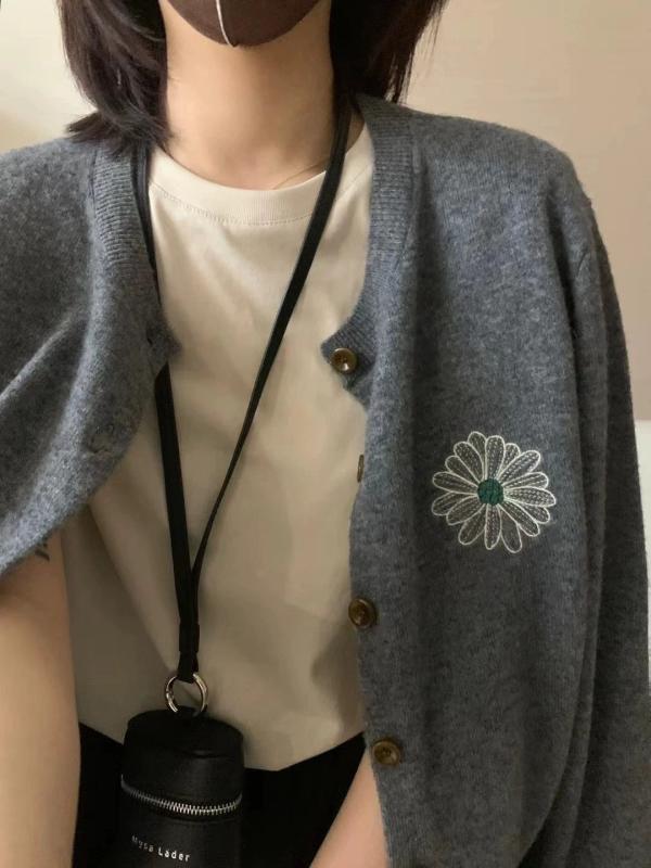 カーディガン 女性用 初秋 韓国風 休闲 百搭 トップス かわいい 丸首 長袖 ニット セーター 綿羊毛混 ポリエステル ストレッチ 花柄刺..