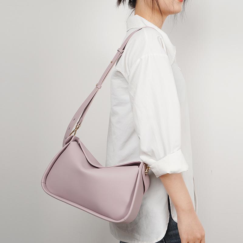 肩掛けバッグ 女性用 牛革 ミディアムサイズ 饺子型 斜め掛け 手提げ 通勤 日常使い 都市スタイル ソフト 磁扣 シングルストラップ ミルク杏灰 ピンクパープル 夏(4.0)
