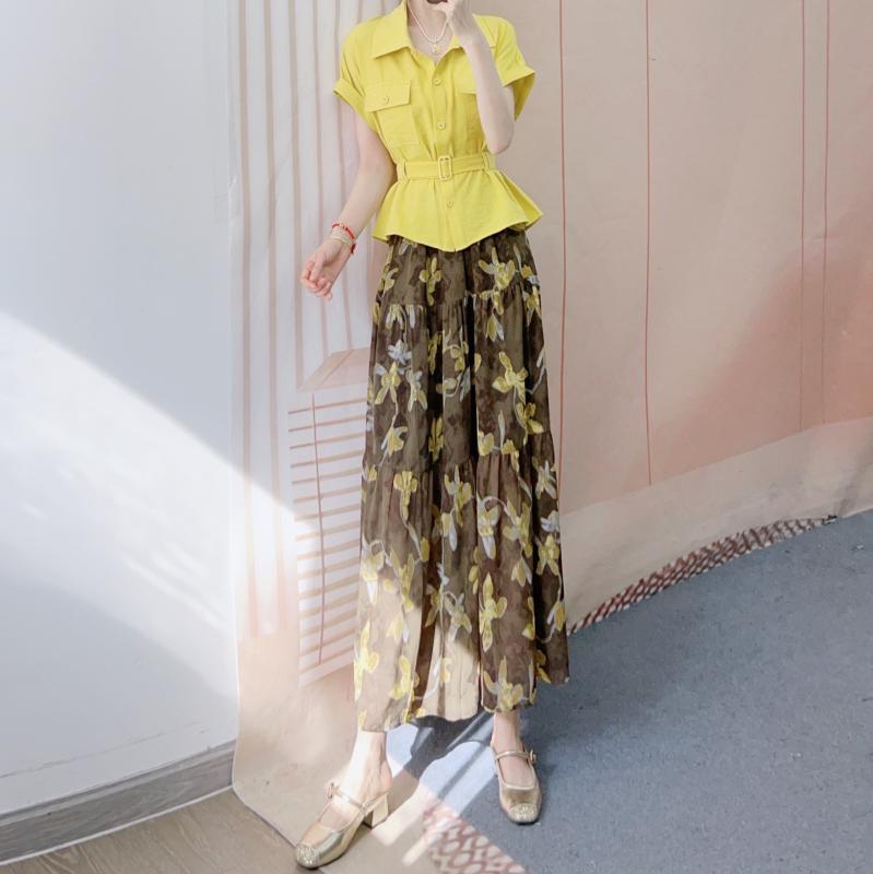 レディース セットアップ 開襟 ウエストベルト シャツ 雪絨 フレア ミディスカート 気質 通勤 スタイル ポリエステル 長袖 セット 黄色 ブルー ブラック 軽量 伸縮性 通勤用 普段使い 女性用 トップス スカート 組み合わせ セット コーデ