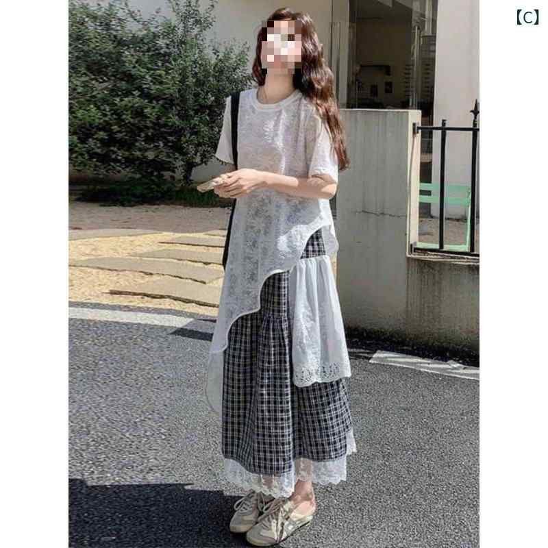 レディース 春夏 3D 立体柄 牛角袖 接触冷感 伸縮性 切り替え 半袖 レース ブラウス 格子柄 プリーツ ミディ スカート セット かわいい 森ガール カジュアル トップス ボトムス コーディネート 吸湿速乾 軽量 通勤 普段使い トップス スカート