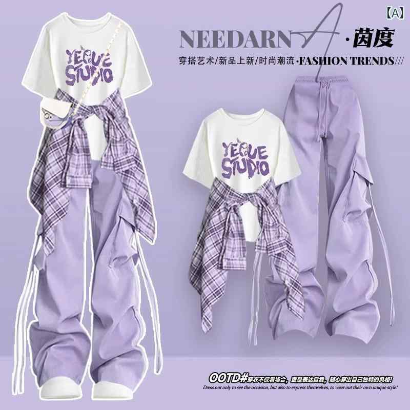 レディース セットアップ シャツ 短袖 Tシャツ 紫色 工装パンツ 切り替え プリント 系帯 デザイン 気質 通勤 スタイル 都市風 涤纶 ポリエステル 繊維 軽量 伸縮性 吸湿速乾 機能 ハイウエスト シルエット 飛沫袖 超長袖 ロングパンツ 普段使い