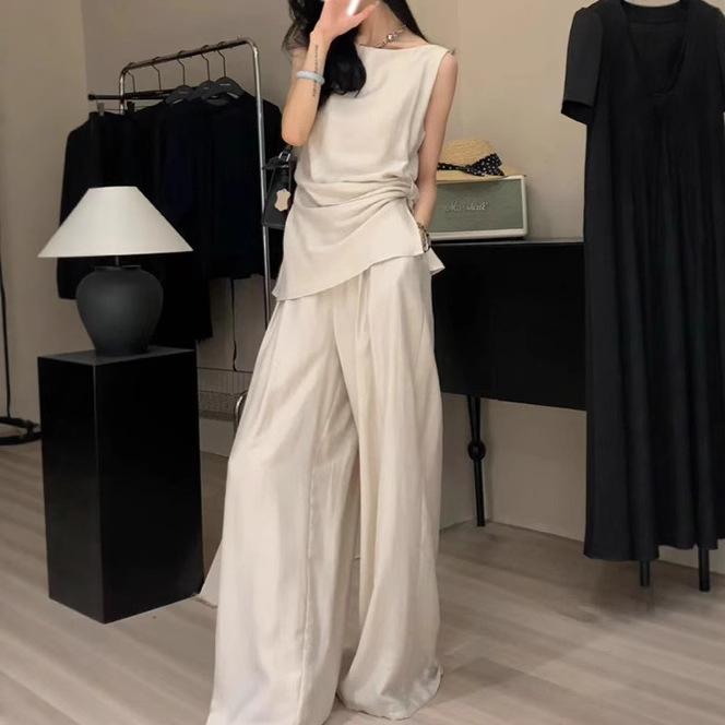 レディース 無袖 上衣 トップス セット ワイドパンツ ロングパンツ セットアップ 韓国風 ミニマリスト シンプル 無地 デザイン 垂感 ゆ..