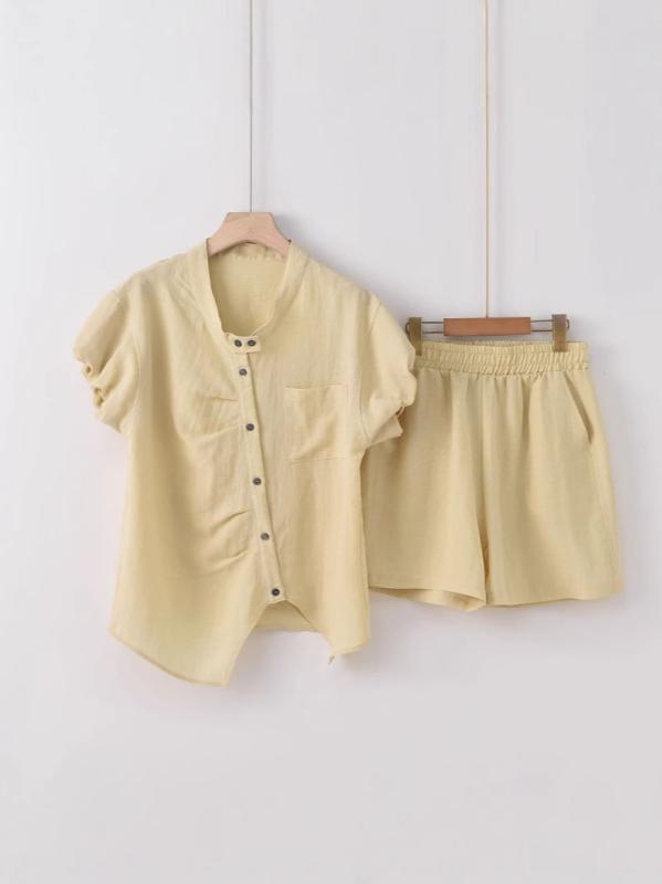 Three-Piece Set - レディース シャツ ショートパンツ セット 慵懒風 夏 春夏 新作 女性用 トップス 半袖 シャツ袖 5分丈 ショーツ 純色 復古 洋気 快適 柔軟 天竺 レイヨン コットン ミックス 軽量 通気性 吸湿速乾 部屋着 普段使い カジュアル ビッグシルエッ