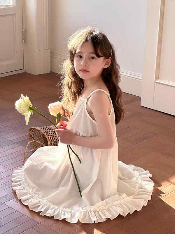 Dresses - 女児 吊り帯 ワンピース 女の子用 子供服 蕾丝 花辺 プリンセス スタイル A字スカート 純色 ホワイト 綿 100% 柔軟 かわいい 森ガール 春夏 秋 夏 3〜8歳 中小童 通学 遊び着 軽量 伸縮性 吸湿速乾 通年対応