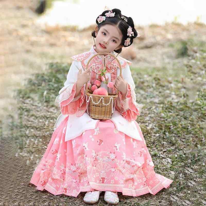 女児 チャイナドレス 古装 春夏 セット ゆかた トップス スカート かわいい 花柄 刺繍 花辺 蝶結び プリンセス 軽量 柔らか ポリエステル 雪紡 生地 春色 ピンク アイボリー 演出 衣装 通年 子ども服 民族衣装 唐装 風