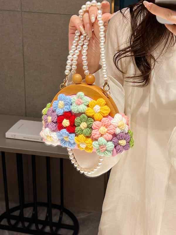 ミニショルダーバッグ 女性用 春夏 かわいい 串珠 花柄 チェーン ミニ 饅頭型 キャンバス ポリエステル 横型 ジッパー ソフト オープン ポケット シングルストラップ デイリー 使い キャメル ホワイト ピンク