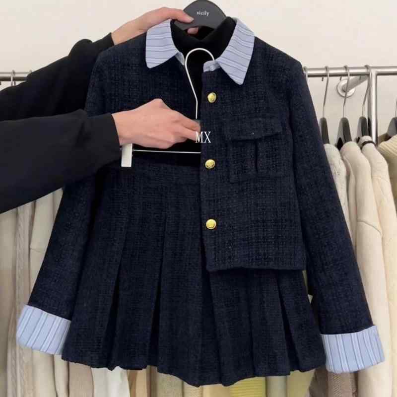 レディース 秋冬 セットアップ 韓系 小香風 切り替え 短め アウター ハイウエスト ヒップカバー プリーツスカート 気質 通勤 都市風 ス..