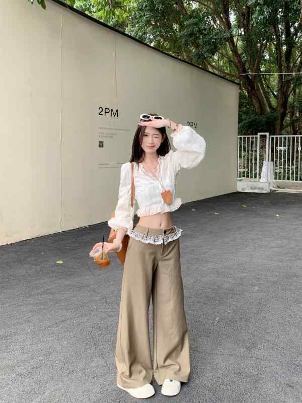 レディース 春夏 セットアップ 長袖 シャツ トップス 花辺 直筒 ロングパンツ 韓国風 ハンガリー風 ピュアカラー 切り替え デザイン 薄..
