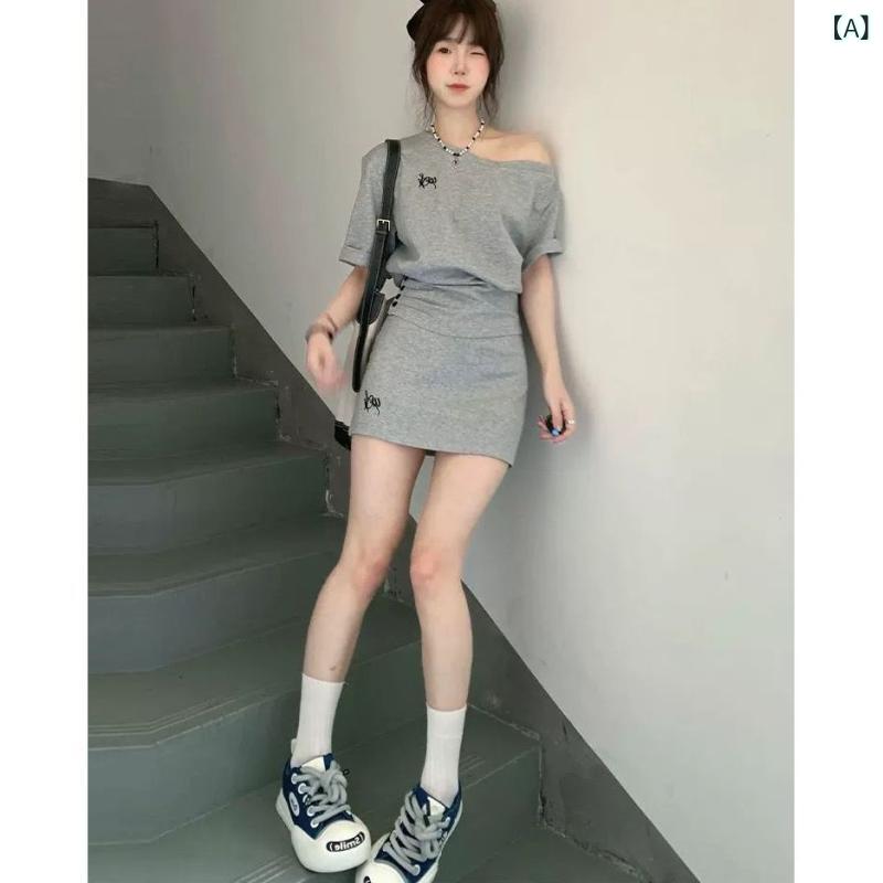 レディース 夏 韓国風 リラックス スタイル スポーツウェア セット ファッション 短袖 短め 斜め肩 スカート セット かわいい 私服 セットアップ 女性用 ゆったり フィット 涼しい 雪ニール 生地 ストレッチ ポリエステル 混紡 単色 ワイド シル